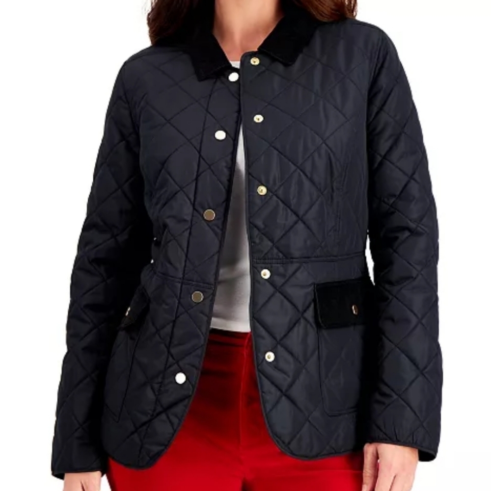 CHARTER CLUB Women's Quilted Black Jacket Classy Puffer XL Preppy Equestrian